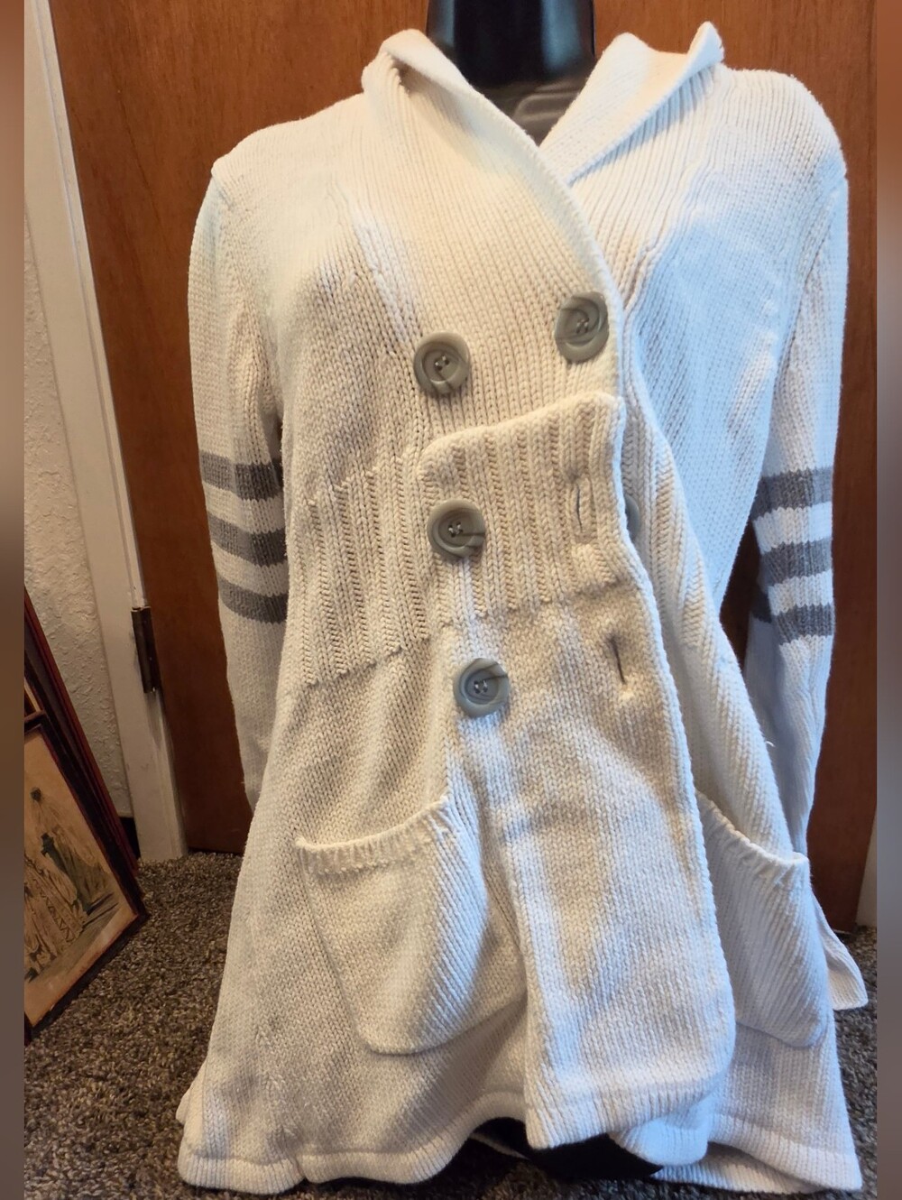 "if it were me" White Knit Button Cardigan Hoodie Gray Stripe Sleeves SzL - Picture 2 of 6